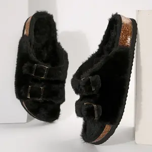 Women's Fuzzy Double Buckle Slides - Plush Cork Sole Slippers,Stylish Indoor Outdoor Casual Footwear