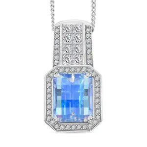 Mosaic Carver Cut Blue and White Moissanite 4.35 ctw Art Deco Pendant Necklace in Rhodium Over Sterling Silver 18 Inches Christmas Gifts