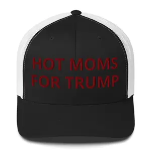 HOT MOMS Trucker Hat - Six-Panel Mesh Back with Red Embroidery, Structured Design, 3.5" Crown, Permacurv Visor, Adjustable Plastic Closure hats