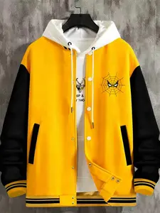 Men's Casual Sports Jacket, Mild Stretch Regular Fit, Baseball Collar, Spider-Man Cartoon Print, Button Closure, All Season Multi-Functional Coat