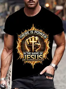 Men's 3D Print T-Shirt - "There Is Power in the Name of Jesus" Graphic Breathable & Comfortable Urban Streetwear Casual Round Neck Everyday Tshirt |   Bold Graphic Tee |   Durable Print Shirt