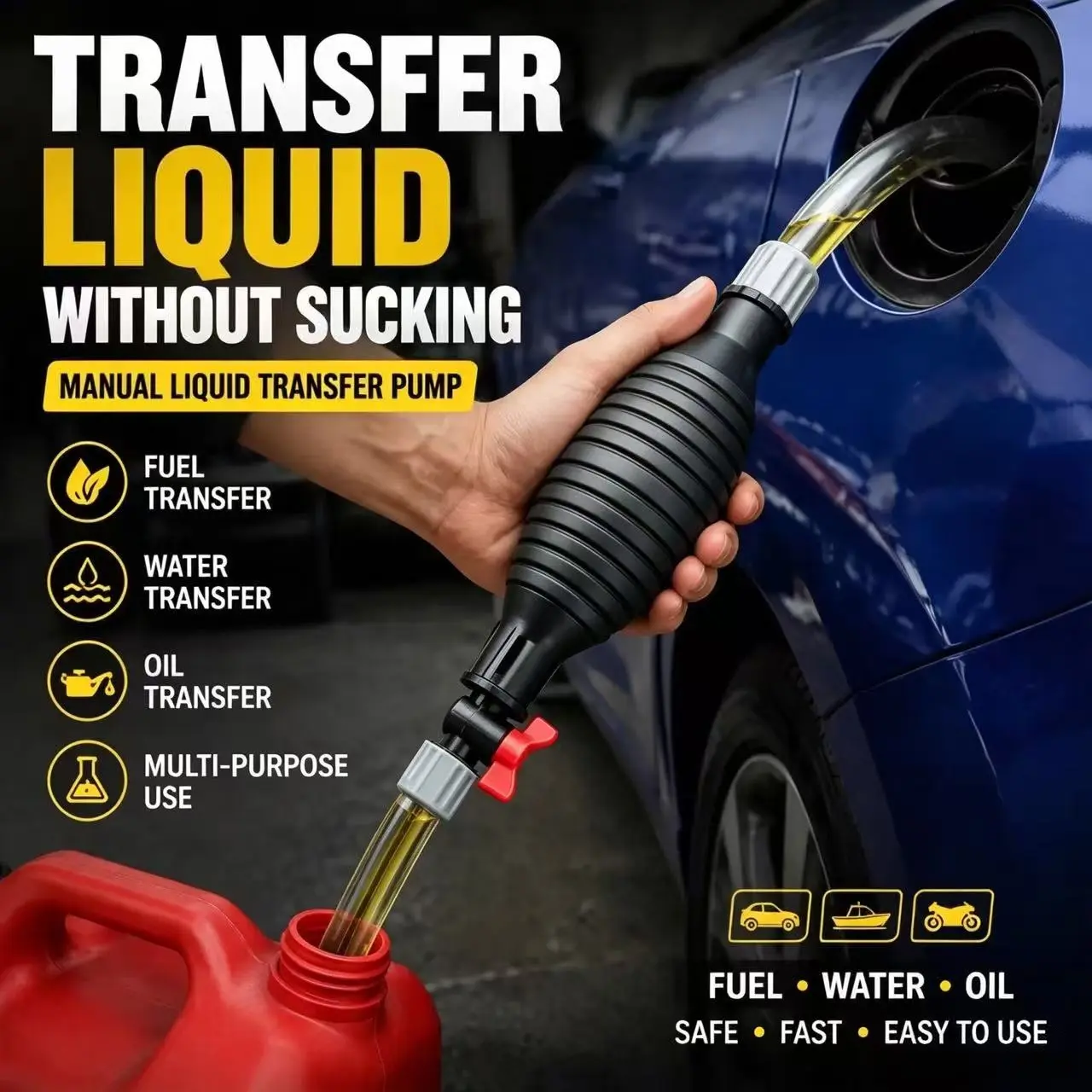 Manual Siphon Pump Kit, 3M Hose Hand Fuel Transfer Pump with Rubber Bulb, 2 Rotary Clamps & Stop Valve, for Gasoline Water Oil Diesel, Car Boat Motorcycle