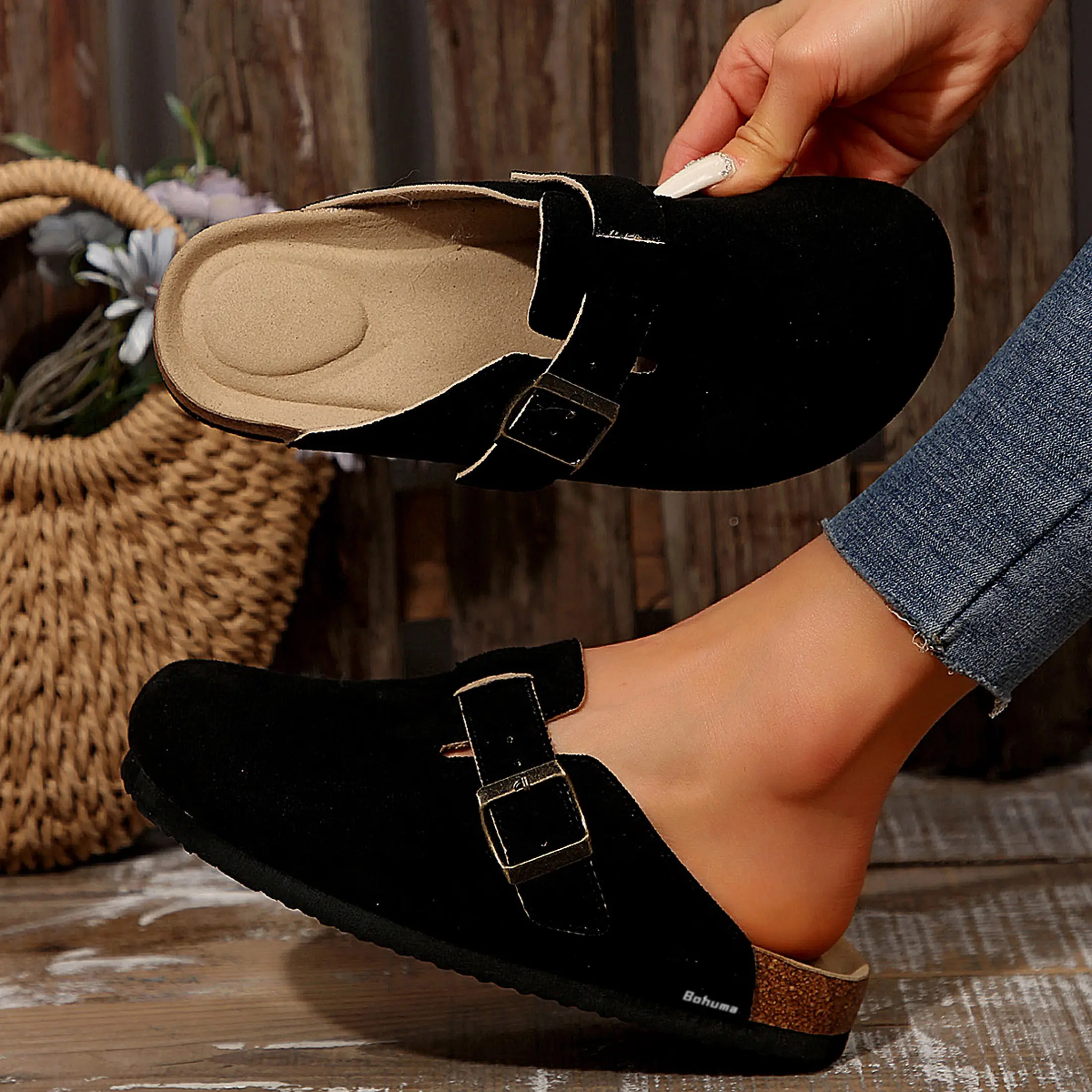 Women's Round Toe Cork Footbed Slide Clogs With Adjustable Buckle Strap