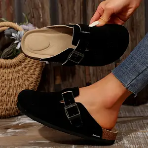 Women's Round Toe Cork Footbed Slide Clogs With Adjustable Buckle Strap Women's Round Toe Cork Footbed Slide Clogs With Adjustable Buckle Strap