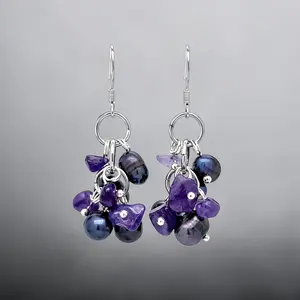 Cultured Peacock Pearl and Amethyst Drop Earrings in 925 Sterling Silver
