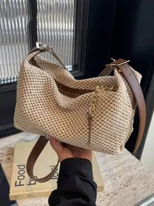 Fashionable Summer Straw Woven Bag, Vintage Chain Zipper Casual Shoulder Bag, Perfect for Travel, Vacation, Beach, Women's Essential