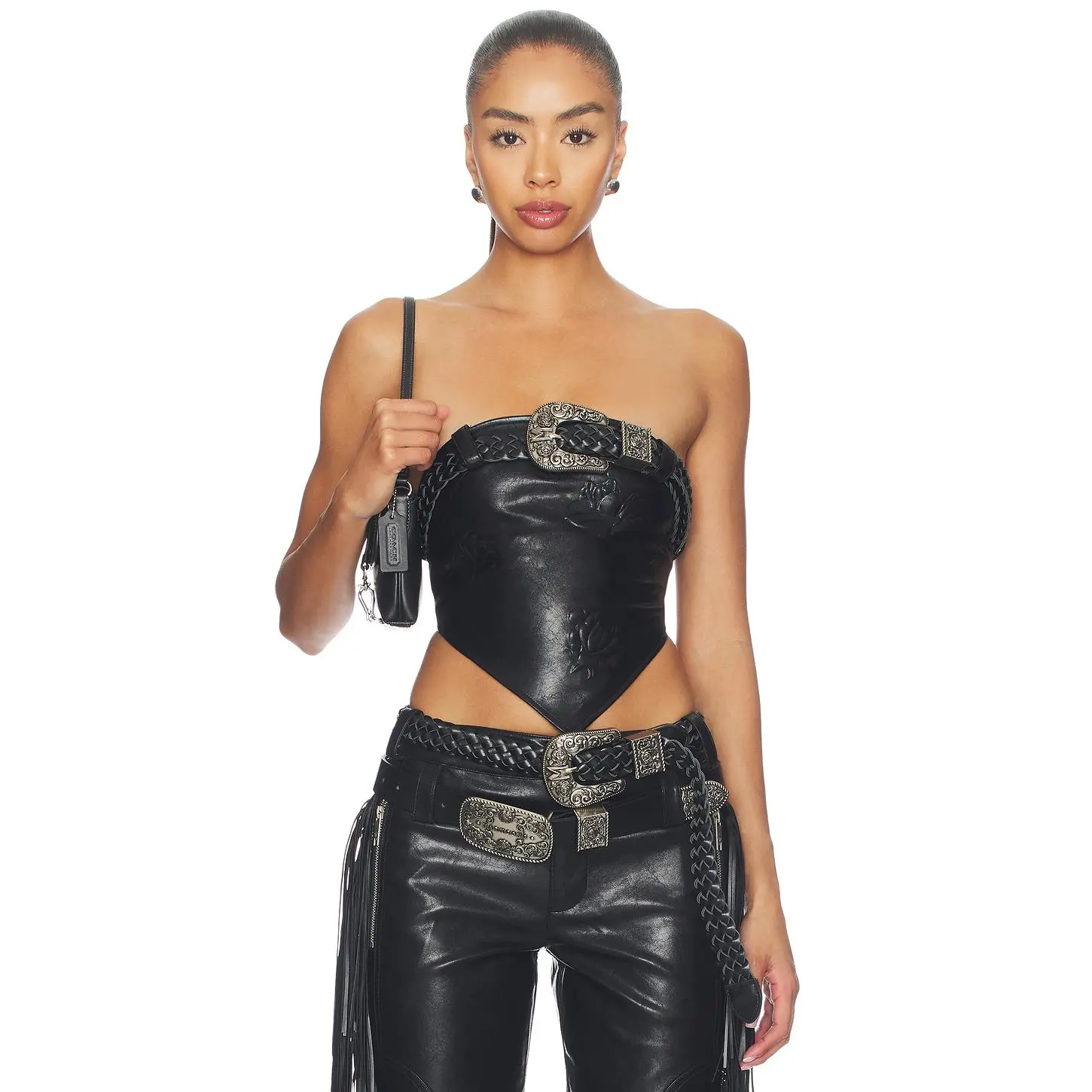 Markgong Faux Leather Floral Imprinted Tube Top With Detachable Belt in Black