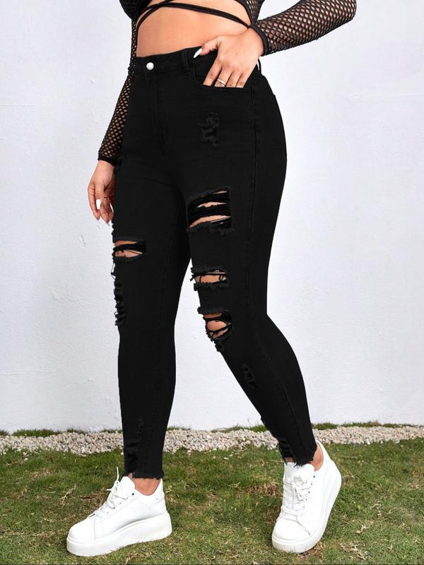 High Waist Ripped Denim Jeans, Stretchy Plus Size Skinny Fit Pants, Casual Fashion for Women, Comfortable Daily Wear