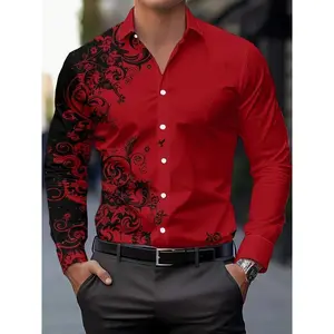 Men’s fashion printed shirt, casual polyester 100% long-sleeve button-collar shirt, non-stretch woven fabric, regular fit for spring/fall season