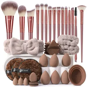 40PCS Makeup Tools Set:15PCS Makeup brush set+1PCS Hairband+6PCS Triangle Powder Puffs+2PCS Hand Bowl Strap+6PCS Makeup Sponges+1PCS Makeup Brush Cleaning Tools+3PCS Mini Air Cushion Powder Puffs+3PCS Mini Makeup Sponges+3PCS Facial Cleansing Sponges