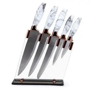 Elle Decor 5-Piece Professional Kitchen Knife Set Marble Handles & Rose Gold Accents Includes Clear Block Chef Bread Carving Utility & Paring Knives