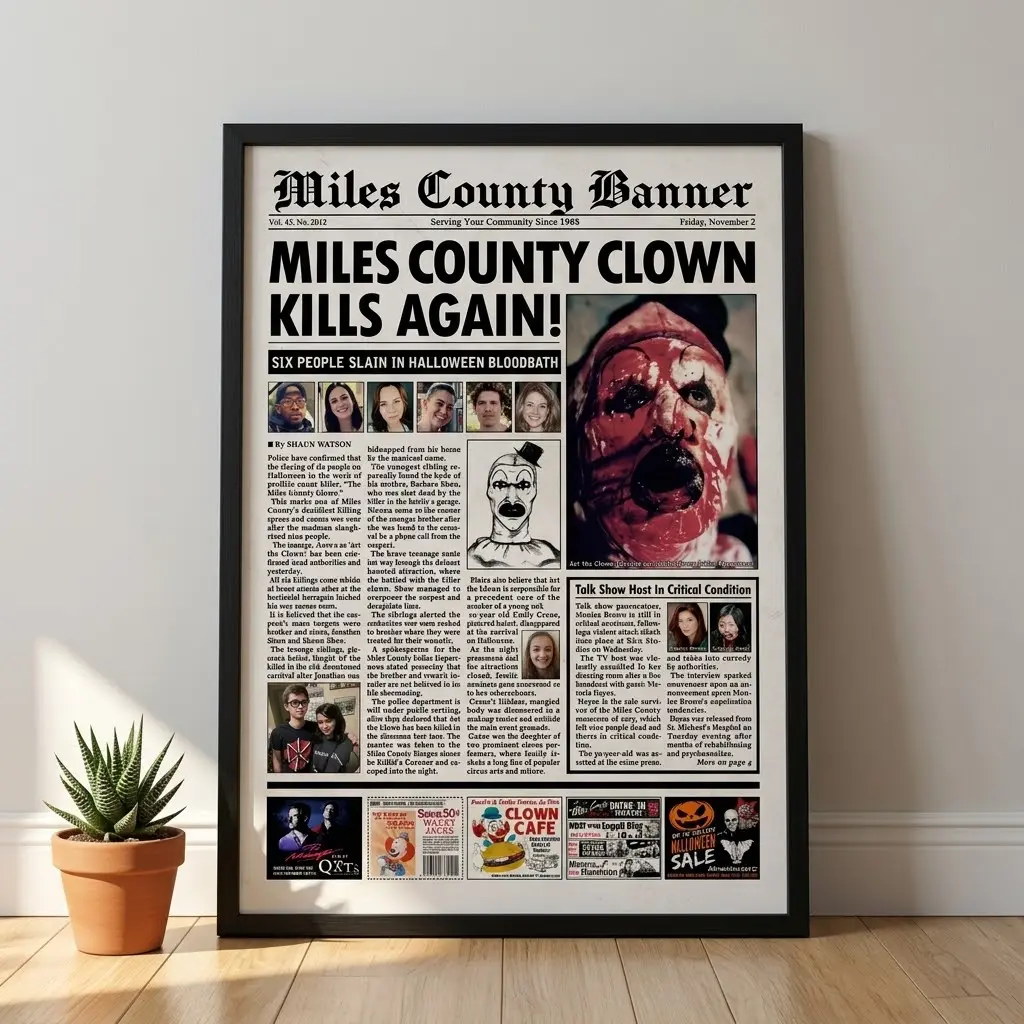 Miles County Clown Poster, Horror Movie Newspaper Style Wall Art, Halloween Dark Decor, Scary Film Inspired Print, No Frame