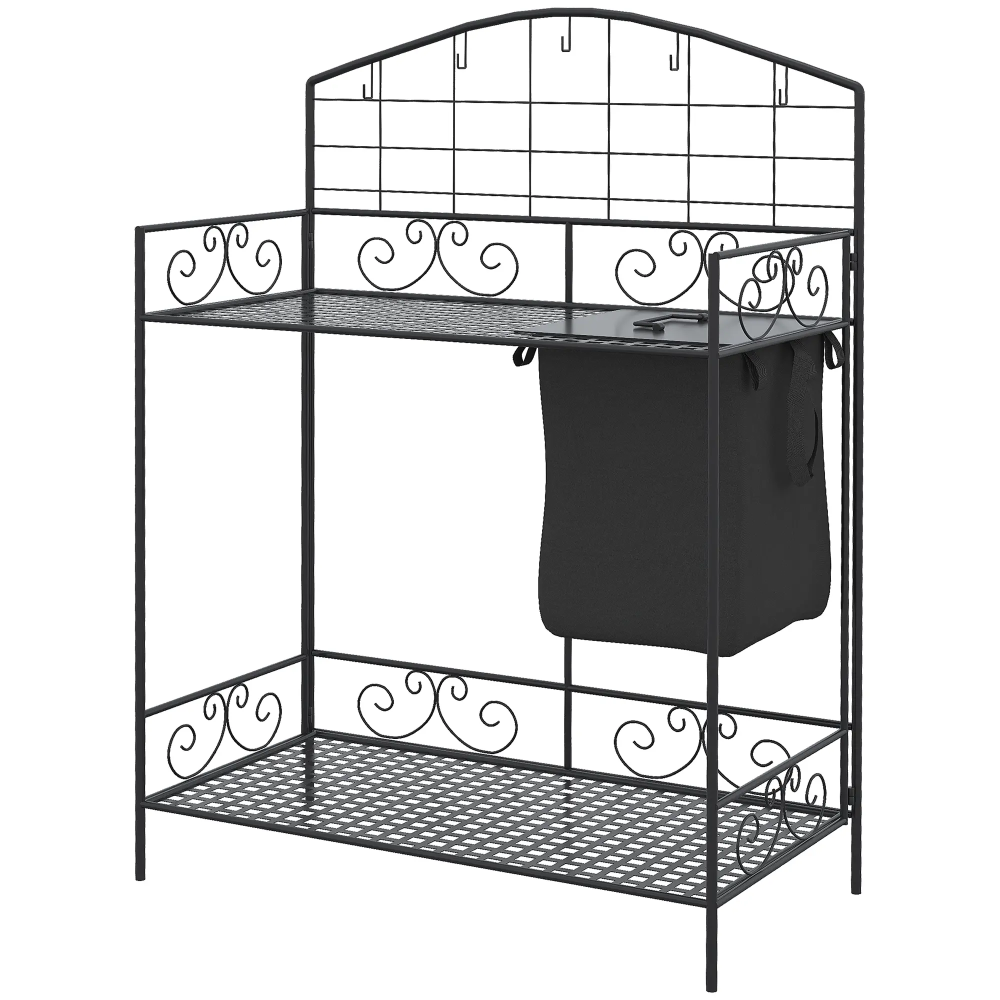 Metal Folding Potting Bench Table, Outdoor Garden Workstation with Built-In Covered Large Bag, 5 Hanging Hooks, and Storage Shelf