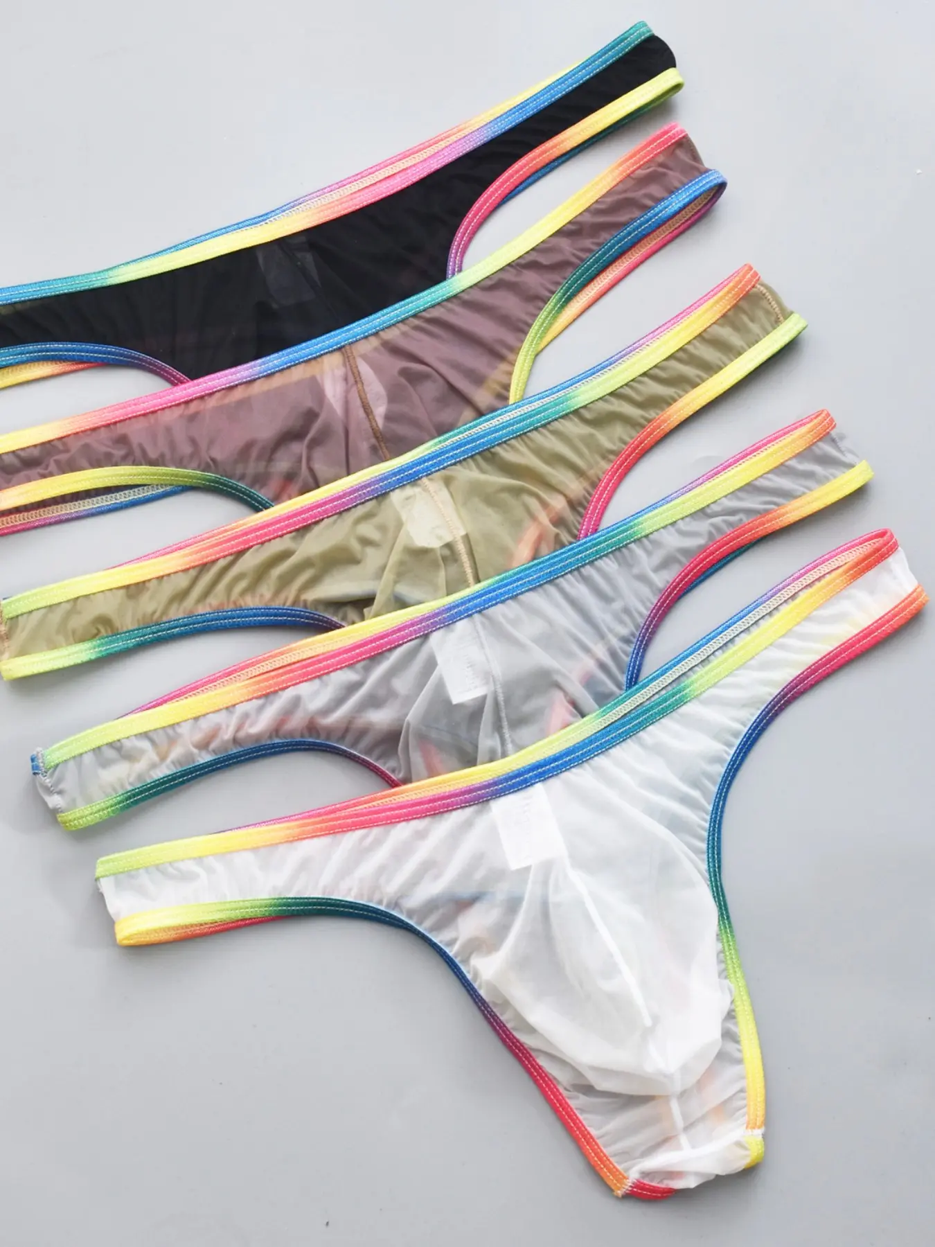 Men's High Elasticity Sexy Thong Underwear, Ultra-Thin Silk Smooth Transparent Panties, Rainbow Edge Personalized Design, Silky, Elastic Waist Underwear, Invisible Underwear