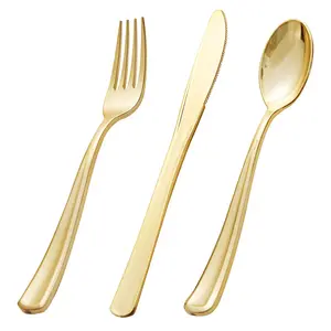 Elegant Gold Plastic Silverware Set - Premium Heavy-Duty Cutlery, Disposable/Reusable, Gold Finish, Party Essentials | For Weddings, Birthday Parties, Picnics, Thanksgiving, Outdoor Dining | Must-Have for Hosts, Entertainers, Party Planners