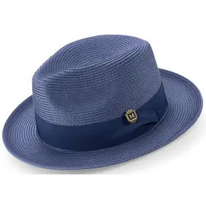 Navy Braided Wide Brim Pinch Crown Fedora Hat with Matching Grosgrain Ribbon