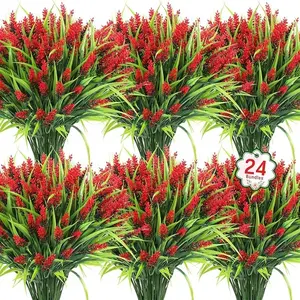 24 Bundles Artificial Lavender Flowers Outdoor UV Resistant Plastic Plants for Garden Home Porch Window Balcony Hanging Pots Indoor Decor Home Decoration Bouquet