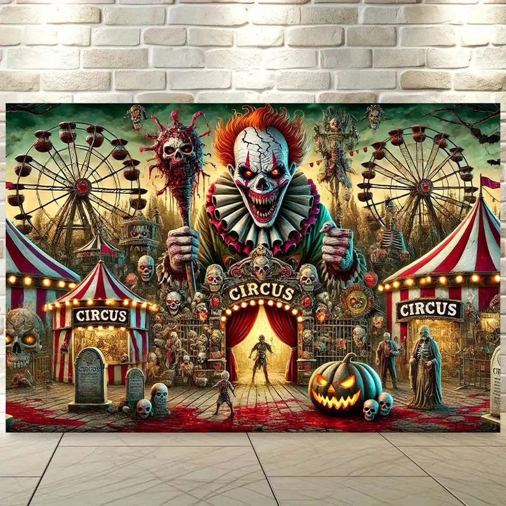 2D Flat Spooky Circus Soft Fabric Banner - 1pc Textile Wall Decor with Clown, Ferris Wheel, Skeletal Hands, Ideal for Halloween Parties, Themed Events
