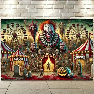 1pc 2D Flat Spooky Circus Backdrop Banner - Wall Decor with Clown, Ferris Wheel & Skeletal Hands, Perfect for Halloween Parties, Themed Events, Living Room, Bedroom, Office & Outdoor Decor,