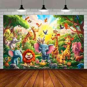Safari Animal Backdrop Tapestry Wall Hanging Photography Background Giraffe Elephant Jungle Banner for Birthday Baby Shower Wildlife Theme Party Home Decor Polyester Fabric