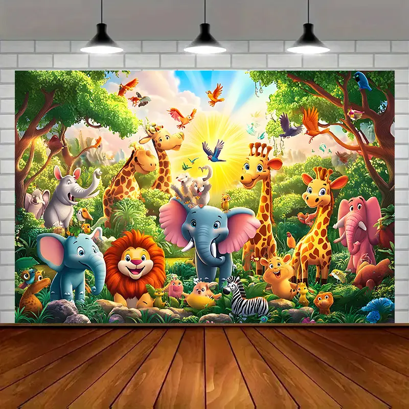 Safari Animal Backdrop Tapestry Wall Hanging Photography Background Giraffe Elephant Jungle Banner for Birthday Baby Shower Wildlife Theme Party Home Decor Polyester Fabric
