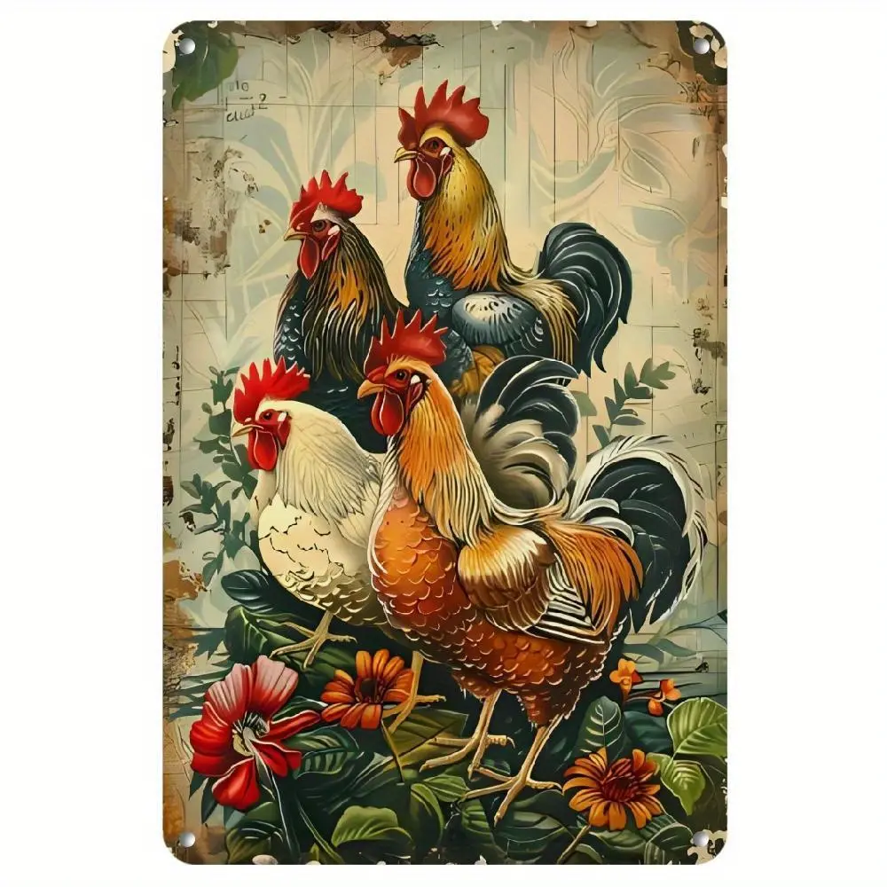 1pc Vintage Rooster Metal Sign - 8x12in Rustic Aluminum Wall Art with 3 Roosters, Floral Design - Easy Installation, No Electricity Needed - Decoration for Farmhouse, Kitchen, Western Home Decor