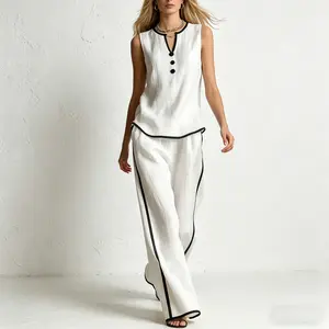 Sleeveless Contrast Trim V-Neck Lounge Set | Wide Leg Pants Two Piece Set | Sophisticated Summer Outfit | Best Mother's Day Gift | Luxury Feel Loungewear