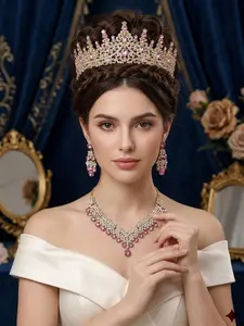 European Baroque Luxury Rhinestone Crown Necklace Earrings Set, Bridal Wedding Adult Ceremony Performance Accessories Headwear, Elegant Crown Design