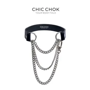 CHICCHOK [Classic Breathless] Black Genuine Leather Choker Necklace with Movable Thick Chains Perfect for Daily Wear or Night Out Fashion Cool Accessories Gothic Stainless Steel Jewelry Accessories necklace men's jewelry chains for men Neck Amour Kit