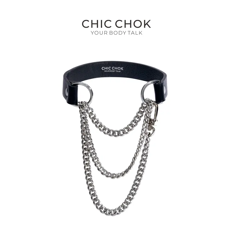 CHICCHOK Classic Black Genuine Leather Heart Choker Necklace - 11.8-17.3 inches Adjustable Belt, Gothic Stainless Steel Neck Armor, Thick Movable Chains, Moldable Jewelry Accessories, Leather/Metal Fashion Cool Accessories for Men’s Daily Wear