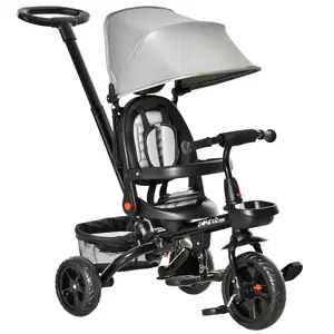 4-in-1 Baby Tricycle (3-Wheel Bikes) for 1-5 Years Old, Grey - Reversible Angle-Adjustable Seat, Removable Handle, Canopy, Handrail Belt, Storage, Footrest, Brake, Clutch