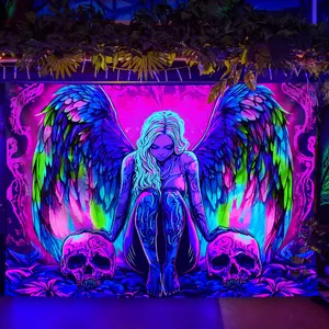 [Fluorescent Tapestry] Vibrant Fluorescent 1pc Large Wing Tattoo Woman Tapestry |       Polyester Material, Glow-in-the-Dark Wall Hanging for Bedroom, Living Room, or Party Decor, No Installation Needed, Soft Texture Tapestry