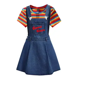 Womens Chucky Scary Sexy Costume Set, Scary Doll Women and Teen Dress Up Halloween, Rainbow Colorful Striped Crop Tee Denim Skirt Overalls