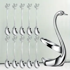 10Pcs Stainless Steel Spoons Dinnerware Set with Decorative Swan Spoon Holder Set Coffee Spoon Organizer Multifunctional Swan Base Spoon Holder for Coffee Dessert Salad