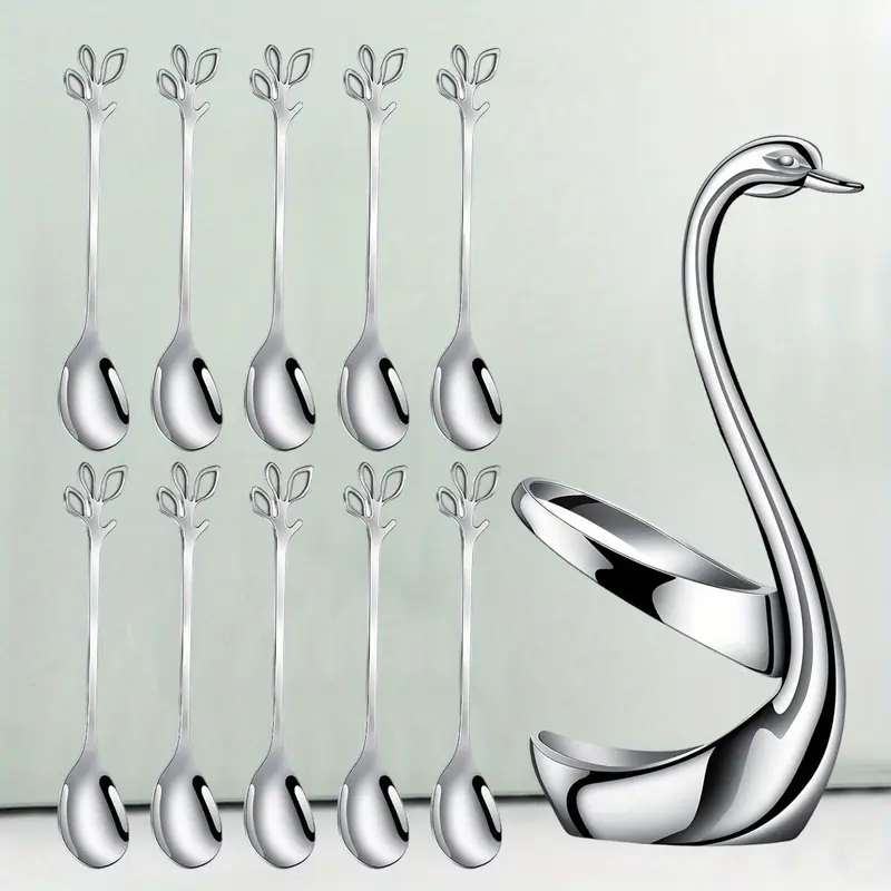 10Pcs Stainless Steel Spoons Dinnerware Set with Decorative Swan Spoon Holder Set Coffee Spoon Organizer Multifunctional Swan Base Spoon Holder for Coffee Dessert Salad