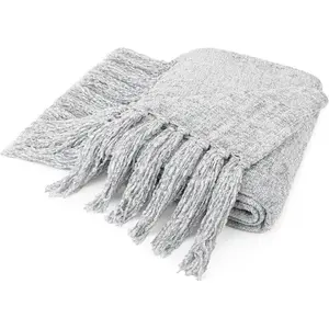 Light Gray Chenille Throw Blanket for Couch,  Size Bed, Sofa - Soft Knit Woven With Tassel, Decorative Textured for Living Room, Light Grey 60x80