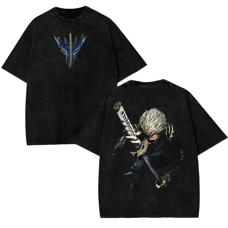 Men's Devil May Cry Virgil Graphic Print Pure Cotton Washed Distressed Ripped Vintage Shortsleeve Round Neck T-Shirt - Male Clothing, Casual Fit, Distressed Look, Festive Casual Retro Streetwear Top, Anime Fan Merchandise, Wide Spectrum Sizes