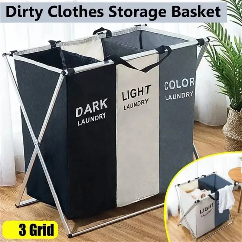 1 PC Large Laundry Hamper 3 Sections Divided Laundry Basket Foldable Washing Bin Dirty Cloth Storage Bag Aruigu