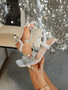 Summer New Rhinestone Flower Sandals Women, Transparent Square Toe Thin Heel High Heels, Elegant Lady Style Strap Sandals, Chic Summer Footwear