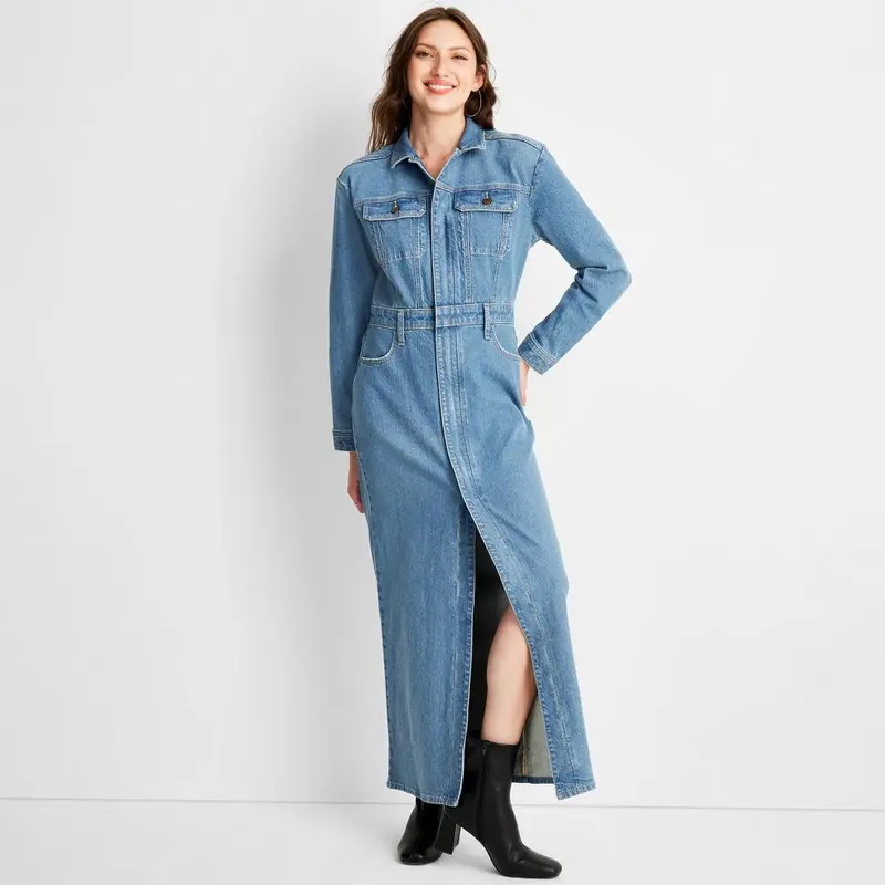 knee length dresses for ladies Cosmala Denim Long Sleeve Mini Dress / Indigo Blue | Meshki main image 1