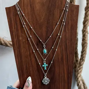 3Pcss Set Alloy Imitation Turquoise Pendant Necklace 3Pcss Set Retro Western Cowboy Imitation Turquoise Inlaid Cross Teardrop Pendant Necklace Layered Set
