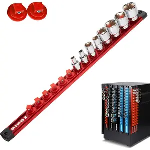 3/8"  Socket Holder Organizer - Aluminum Alloy Socket Rail Tray for Tool Box Drawer, Socket Rack with Extra 2 count Replacement Clips for Automotive Garage(Red)