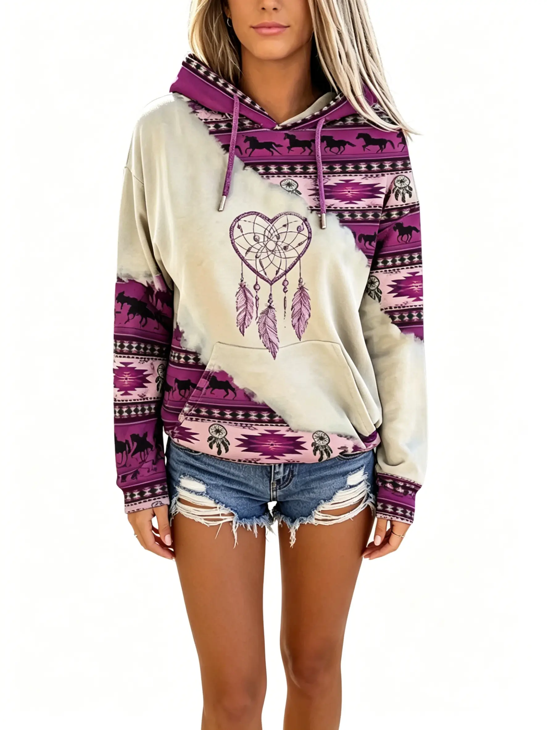 Women's Ethnic Pattern Patchwork Geometric Horse Print Drawstring Hoodie with Pockets, Tops, Casual Long Sleeve Drop Shoulder Hooded Sweatshirt for Daily Holiday Outdoor Wear, Ladies Clothes for All Seasons