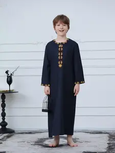 Boys' Moroccan Robe with Embroidered Zipper, Loose Fit Long Sleeve Top, Modest Style Kids Clothing for All Seasons, Middle Eastern Muslim Clothing