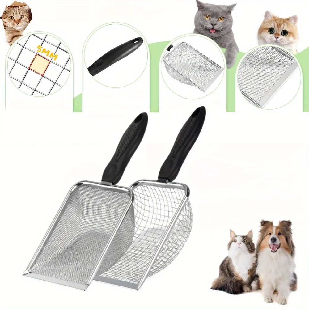 2 Packs Cat Litter Scoop Stainless Steel Mesh Scooper Long Handle Deep Shovel Non-Stick Coated Metal Litter Scoop for Litter Box Kitten Pooper Lifter