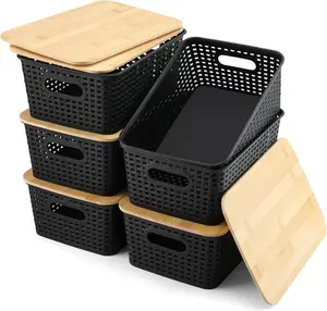 Storage Bins with Bamboo Lids Set of 6 Lidded Storage Container Plastic Baskets Organizer Bins for Organizing Kithen Room Bedroom Office Closet, Sturdy and Durable (Black)
