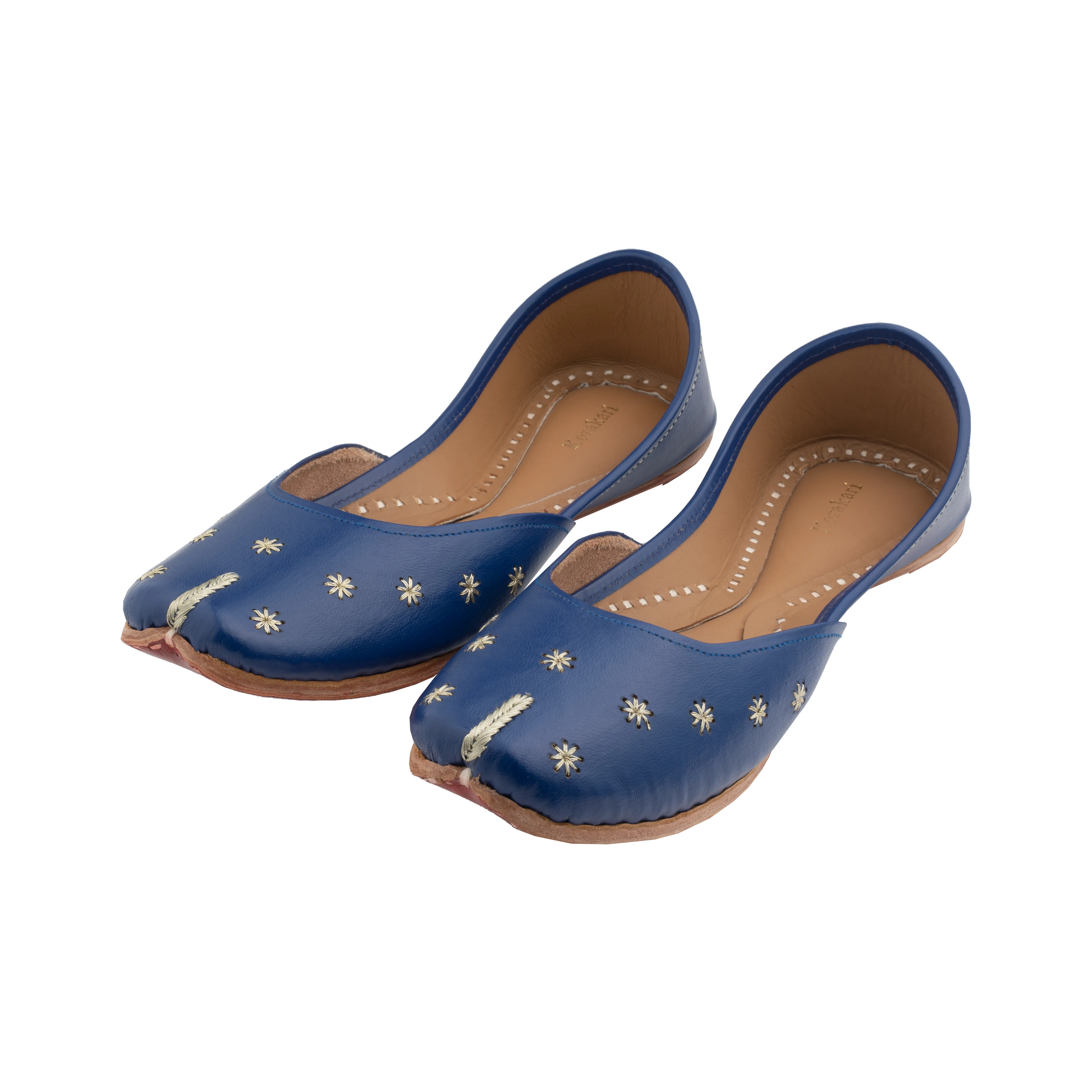 Sapphire - Traditional Indian Punjabi Sandals Juttis Handcrafted Leather Shoes Gift for Her Women's Footwear Pakistani All Seasons Blue Fabric Golden Jari Work