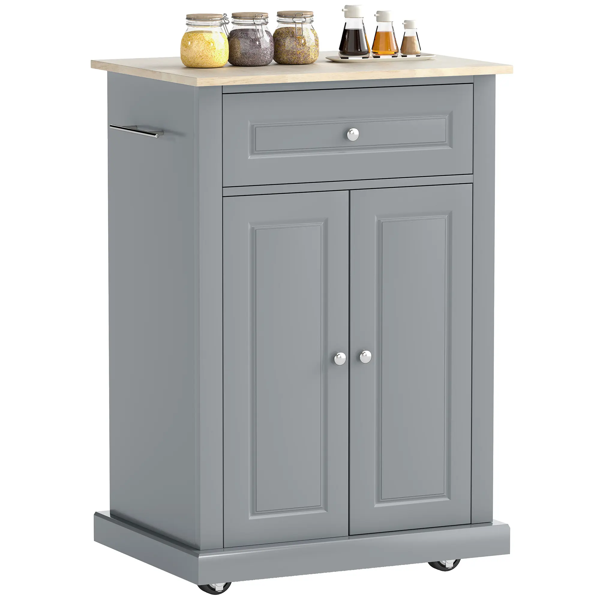 Rolling Kitchen Island Cart – Portable Serving Trolley Table with Drawer, Adjustable Shelf, Enclosed Cabinet, 2 Towel Racks, 4 Hidden Wheels (2 Lockable), MDF Frame, 88 lbs Capacity, for Kitchen, Dining Room, Grey