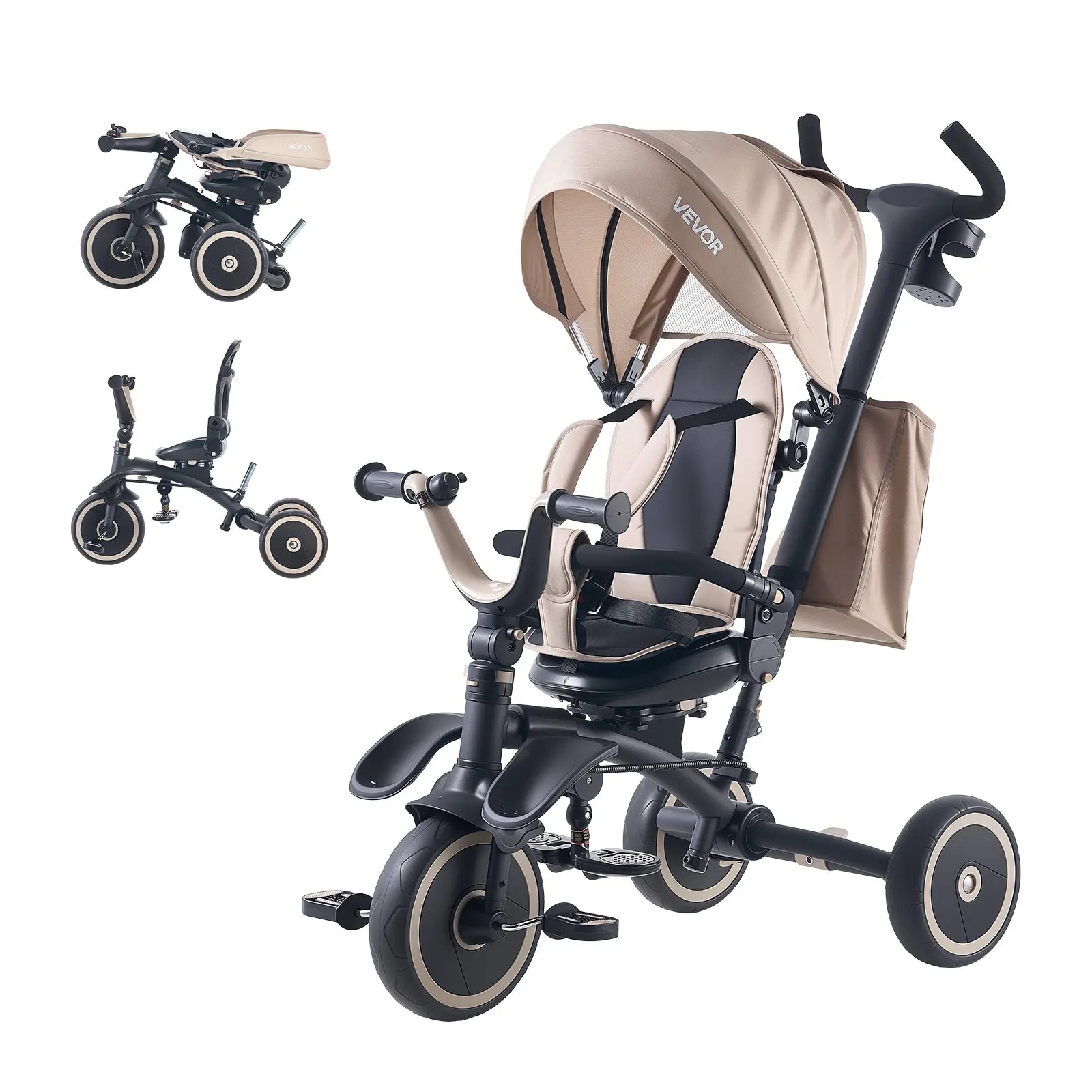 【Father's Day Gift】VEVOR 7-in-1 EVA Carbon Steel Toddler Tricycle - Lightweight Folding Travel Stroller for Babies & Toddlers with Adjustable Parent Push Handle, Canopy, Rotating Seat, Storage (18 Months-5 Years Old, Birthday Toy)