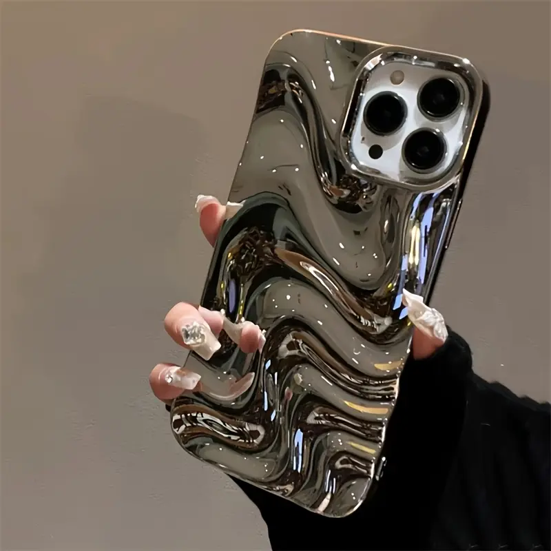 Silver-Plated 3D Wave Pattern Smartphone Cover - Protective Phone Case Compatible with iPhone 16/15/14/13/12/11, Protection